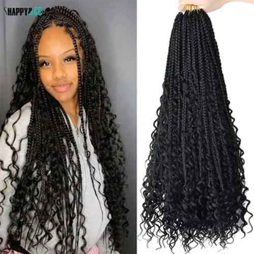 Boho Box Braid Crochet Μαλλιά 24 ιντσών Long Goddess Braiding 1B Synthetic Bohemian Braids Extensions με σγουρά άκρα για μαύρες γυναίκες