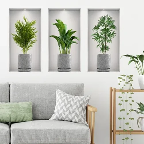 3Pcs/Gosod Planhigion Gwyrdd Ffug Planhigyn mewn Pot Sticeri Wal 3D Ystafell Fyw Swyddfa Astudio Addurn finyl dal dwr Decals Gludydd Hunan