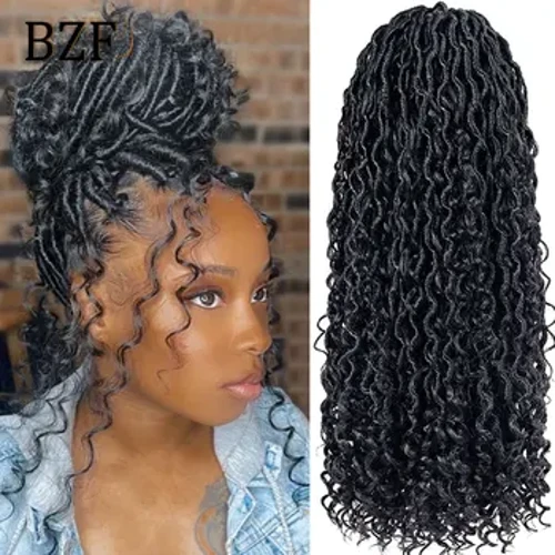 1B Curly Faux Locs Crochet Hoer 18 Zoll Gëttin Locs Crochet Hoer 1B 99J Pre Looped Synthetic Braiding Hoer Extensions For Women