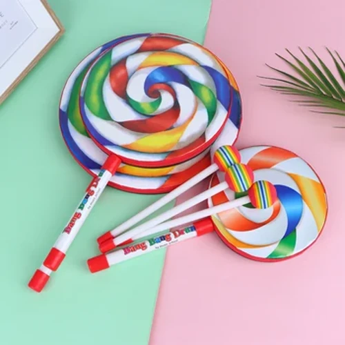 I-6Inch 8Inch 10Intshi ye-Lollipop Hand Drum Percussion Amathuluzi Okudansa Anemibala Emibalabala Izinsiza Zokufundisa Zomculo Wezingane