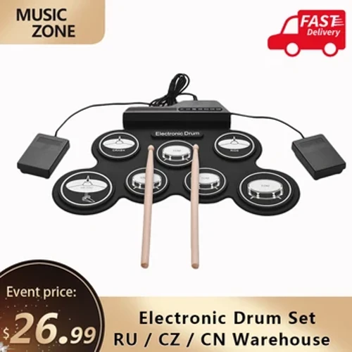 Set di batteria elettronica compatto Pad per batteria in silicone pieghevole USB Kit di batteria elettronica digitale a 7 pad con pedali per bacchette