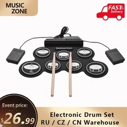 Tobe Set de tobe electronice Dimensiune compactă USB Pliabil din silicon Drum Pad Kit de tobe electronice digitale 7-Pad cu tobe Pedale