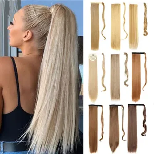 Estyniadau Gwallt Synthetig Syth Hir 22 modfedd Lapio Gwallt Ponytail i Fenywod Clip Ar Gwallt Ponytail Lliw Du Brown