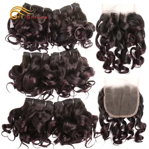 Kulot na Buhok na Bundle ng Brazilian Human Hair Weave 6 Bundle Na May Lace Closure Colored 1B/27/30/33/99J Maikling Extension ng Buhok Para sa Babae