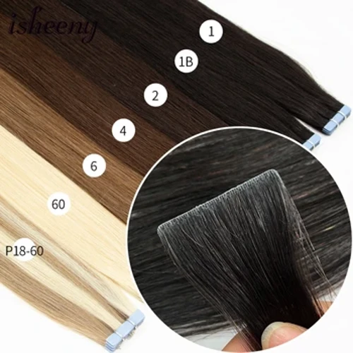 Isheeny 12 "16" 20 "Extensions de cheveux de bande de trame de peau d'unité centrale 10 pièces bande Invisible dans les Extensions de cheveux Machine droite Remy cheveux humains