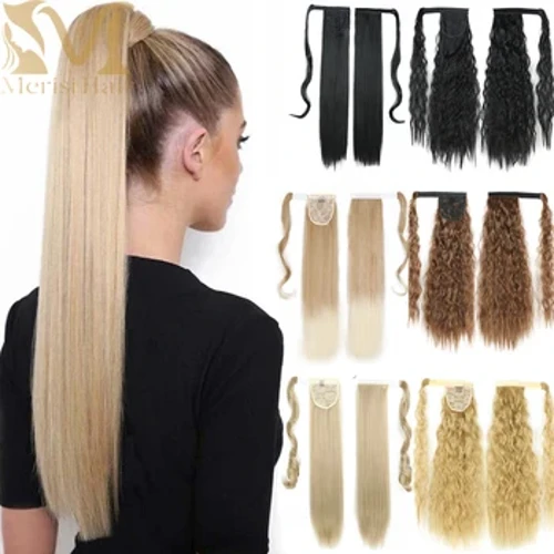 MERISIHAIR sintetinis ilgas tiesus įvyniojimas aplink Clip In Ponytail Plaukų priauginimas Heat Reistan Pony Tail netikri plaukai