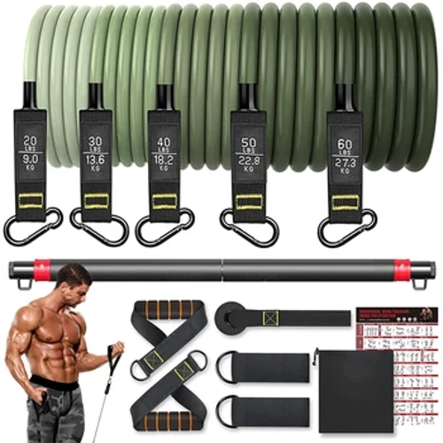 Hoʻonohonoho ʻia ka Band Resistance Band Workout Band hoʻoikaika kino 5 Tube Fitness me nā lima lima heleuma o nā wāwae wāwae a me ka lāʻau hoʻoikaika kino.