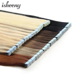 Isheeny Blonde Human Hair Tape In Extensions Европейска естествена коса за удължаване на кожата PU Weft 12"-24" Черна кафява човешка коса
