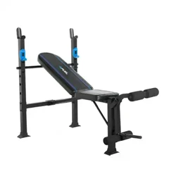 Adjustable Standard Weight Bench with Leg Developer, Blue Stripes (500 lb Weight Capacity)