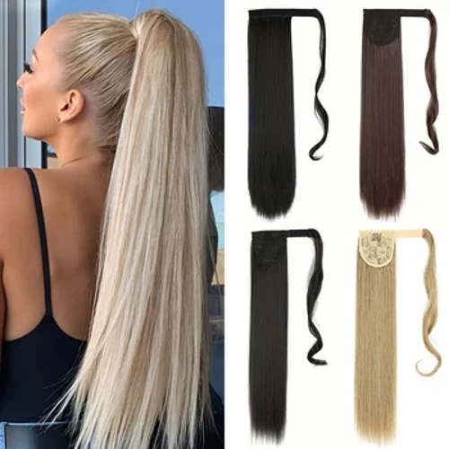 Mahabang Straight/Wavy Ponytail Extended Ng 22 Inches na Nakabalot na Synthetic Hair Extension Clip Sa Wig Para sa Babae Natural Soft Pang-araw-araw na Paggamit