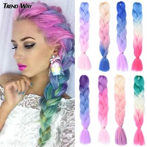 24 Inch Sintetis Panjang Jumbo Ombre Mengepang Rambut untuk Wanita Warna-warni Kepang 100G Rambut Pelangi Abu-abu Hitam Tren Cara