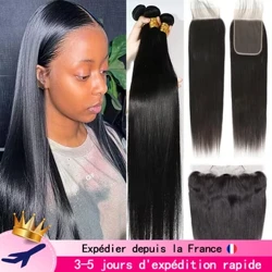 Lote de tecelagem reta do cabelo humano em promoção extensões do cabelo pacotes com 13x4 laço frontal brasileiro tece fechamento do cabelo 4x4
