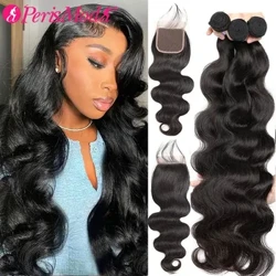 PerisModa Body Wave-bunter med lukking 5x5 HD Transparent blonder 4×4 brun blonder 12A brasiliansk Remy Natural Human Hair Extensions