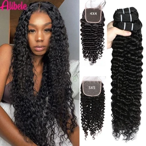 5x5 HD mežģīņu aizdare ar saišķiem Brazīlijas dziļo viļņu cirtainu matu saišķi ar 4x4 mežģīņu aizdari Remy HumanHair saišķi ar aizdari