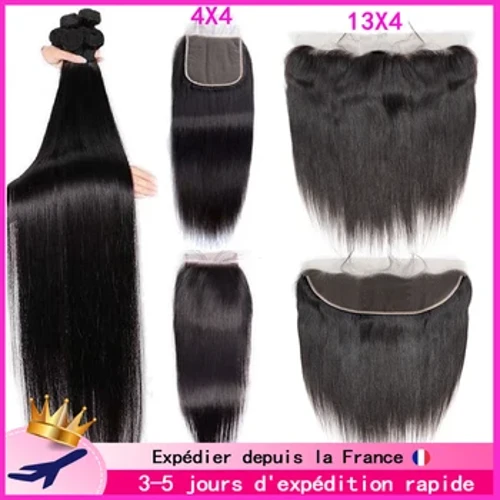 30 fasci lisci da 32 pollici con fasci di tessuto brasiliano per capelli frontali in pizzo 13x4 con chiusura 4x4 estensioni dei capelli Remy pre pizzicate