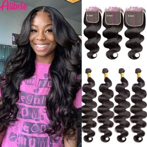 Alibele 6x6 5x5 HD pitsikiinnitys nipuilla Malaysia Body Wave -kimput, joissa on kiinnitysRemy Hair Weave -niput 4x4 pitsikiinnityksillä