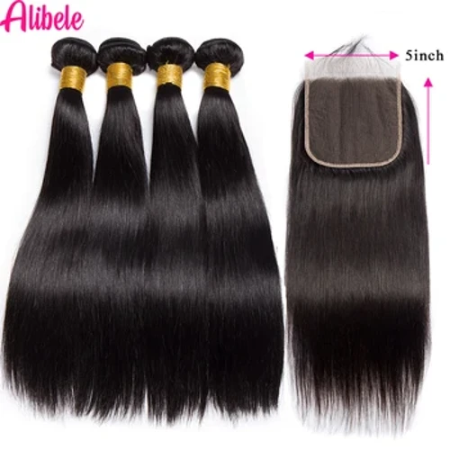 Alibele 5x5 HD đóng ren đóng với bó bó peru thẳng các bó tóc dài 12-32 inch với các bó với đóng cửa 4x4lace