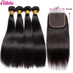 Alibele 5x5 HD Lace Closure Na May Mga Bundle Peruvian Straight Bundle 12-32 Inch Long Human Hair Weave Bundle Na May 4x4Lace Closure