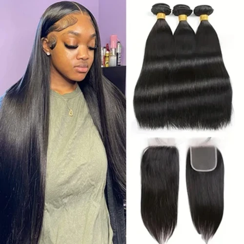 Mga Tuwid na Bundle ng Buhok ng Tao na May Pagsasara 4x4 Lace na Pagsasara Na May Mga Bundle ng Brazilian na Buhok na Naghahabi Mga Bundle na May Pagsasara Remy na Buhok