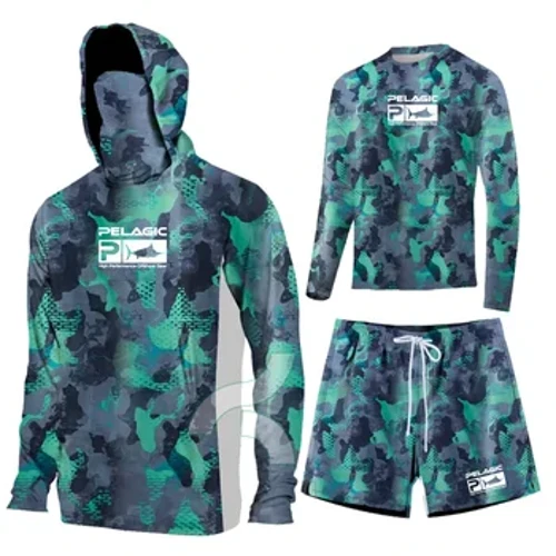 Pelagic Fishing Hooded Shirts Celana Pendek Luar Ruangan Sun Protection Masker Wajah Pakaian Memancing Musim Panas Lengan Panjang T-shirt Anti-UV Jersey
