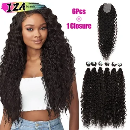 IZA Ekstensi Rambut Keriting Keriting Sintetis 6 Pcs dengan 2*4 Penutupan Ombre Pirang Panjang Rambut Keriting Organik 28/30/32 Inch Menenun Rambut