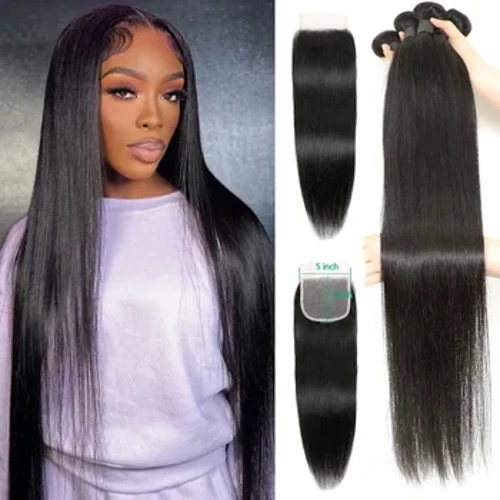 Vifurushi vya Inchi 24 26 Vilivyonyooka vya Nywele za Binadamu vilivyofungwa Vifurushi vya Nywele Nene vyenye Lace 5x5 Utoaji wa Kufuma Nywele kwa Siku 3 hadi 5