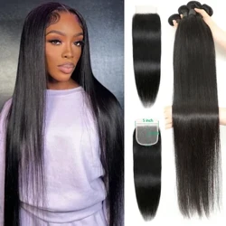 24 26 inch Izinqwaba Zezinwele Zomuntu Eziqondile Ngokuvala Okuthambile Okuqinile Kwezinwele Ezine-5x5 Lace Closure Weaving Delivery 3 to 5 Days