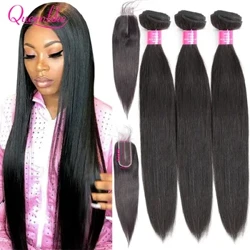 Queenlik 28 30 32 Zoll Straight Hoer Bundles Mat 2x6 Deep Part Closure Brazilian Raw Mënsch Hoer Weft Bundles Mat Spëtzeverschloss
