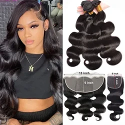 Maxine Body Wave ryšuliai su 13x6 priekiniu užsegimu HD nėriniuotu priekiniu ryšuliuku Remy ryšuliai žmonių plaukams su užsegimu priekyje