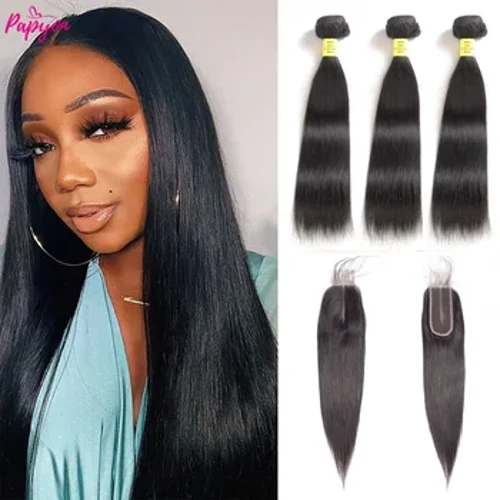 Pacotes de cabelo humano reto com fechamento 2x6 transparente hd laço frontal com pacotes de cabelo humano remy