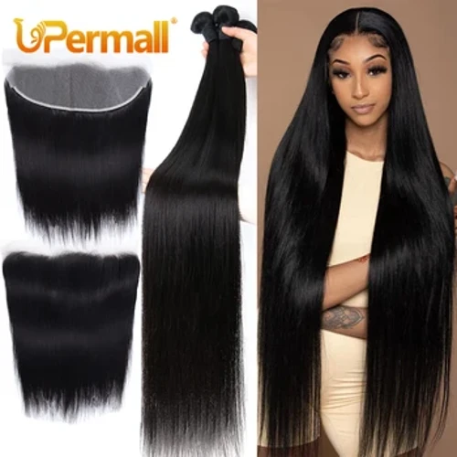 Upermall 2/3/4 Bwndeli Gwallt Dynol Remy Straight Gyda Chwarel Blaen Tryloyw Brasil 13x4 Wedi'i Blycio ymlaen llaw a Bwndel 10A