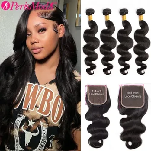 PerisModa Body Wave Mga Bundle ng Buhok ng Tao na May Pagsasara 5x5 Transparent Lace Brazilian Weaving 100% Bundle ng Mga Extension ng Buhok ng Tao