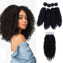 Kinky Curly na Mga Bundle ng Buhok na May Pagsasara sa Gitnang Bahagi Soft Synthetic Hair Weave Extension Para sa Black Women 5PCS Isang Pack