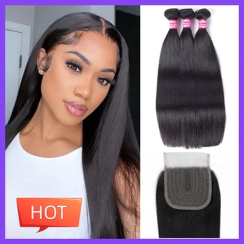 Extensiones de cabello humano brasileño liso para mujer, cosidas con cierre de encaje 4x4 HD, extensiones de cabello Frontal y Remy negro 13x4