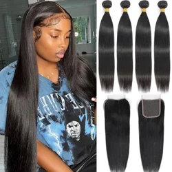 Mga Bundle ng Buhok ng Tao Natural na Mga Extension ng Buhok na Silk Straight na Bundle Real Natural na Buhok ng Tao Na May pagsasara 4x4 Para sa Babae Brazilian