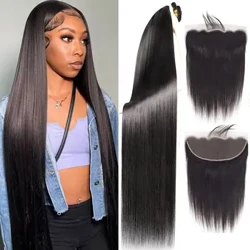 Capelli umani dritti 3 bundle con chiusura frontale frontale di pizzo HD frontale per capelli umani brasiliani pre-picchiati neri naturali 1b