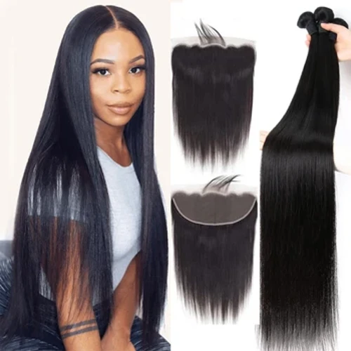 Fa'apalapala Fa'aulu o tagata ma tapuni sa'o 3 fusi fa'atasi ma le 13x4 HD Lace tapuni 100% le'i fa'aogaina Virgin Quick Weave Hair