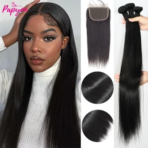 Kaulu taisni cilvēka matu saišķi ar aizdari 5x5 mežģīņu aizdare ar saišķiem Brazīlijas matu pinumi saišķi ar aizdari Remy Hair