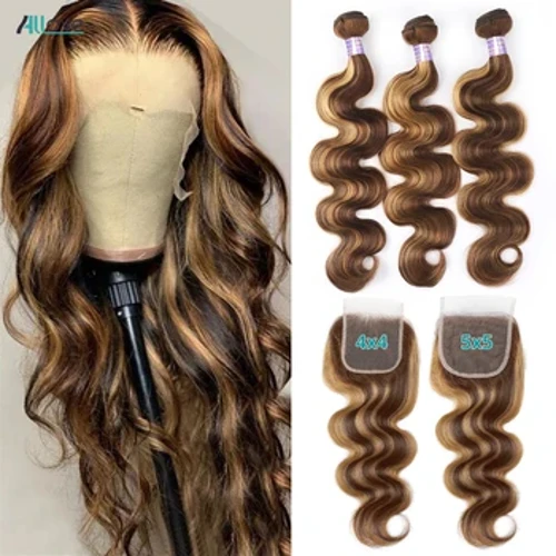 5x5 aizdares ar saišķiem Izceliet komplektus ar aizdari Caurspīdīgs P4/27 Ombre Honey Blonde Body Wave Saišķi ar aizdari