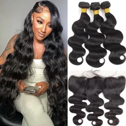 Body Wave snopi z zapiranjem človeški lasje 100 % nepredelani brazilski deviški lasje 3 snopi z zapiranjem 13x4 naravni lasje Remy