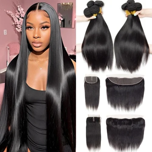 Cabelo humano malaio pacotes retos naturais com fechamento frontal 4*4 parte livre cabelo reto sedoso tece frete grátis para mulher