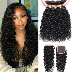 Indian Water Wave Bundels Met Sluiting Nat en Golvend Krullend Menselijk Haar Bundels 12A Remy Haar Weave 3 Bundels met Frontale 13X4