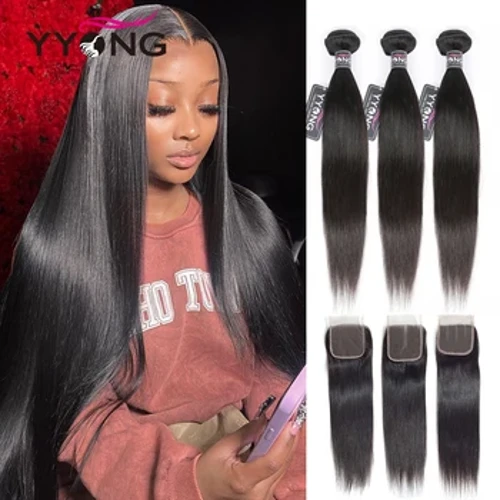 Yyong Peru Rambut Lurus 3/4 Bundel dengan Penutupan Penutupan dengan Bundel Tulang Lurus Rambut Manusia Bundel dengan Penutupan Renda