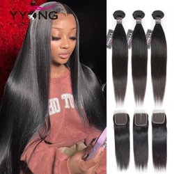 Yyong Peruvian Straight Hair 3/4 Bundles With Closure Closures With Bundles Bone Straight Human Hair Bundles with Lace Closers