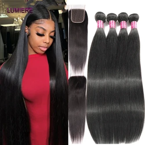 Fasci di capelli umani diritti dell'osso 12A 8 "-40" con chiusura frontale HD fasci di tessuto brasiliano dei capelli grezzi con chiusura all'ingrosso