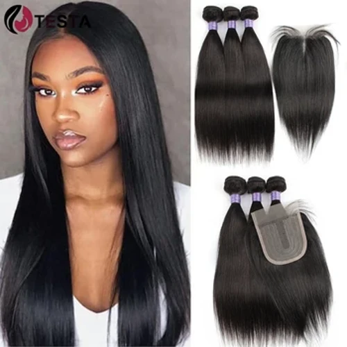 Pacotes retos com fechamento 4x1 t parte fechamento do laço cor natural 220 g/set brasileiro extensão da onda do cabelo humano remy cabelo testa