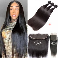 Cabelo humano malaio pacotes retos naturais com fechamento frontal 4x4 13x4 cabelo reto e sedoso tece frete grátis para mulher