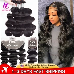 Bwndeli Gwallt Dynol Corff Ton Megeen 30 Modfedd gyda Chaead 13x6 hd Lace frontal gyda Bwndeli Cau 5x5 Gyda Bwndeli Gwallt Dynol