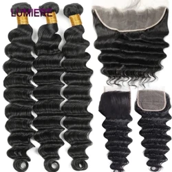 ʻO Peruvian Loose Deep Wave Bundle me ka pani ʻana i ka lauoho kanaka 3/4 pūʻolo me ka pani ʻana i mua HD Transparent Lace Frontal me ka pūʻolo