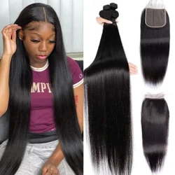Fasci di capelli umani diritti dell'osso con chiusura 4x4 chiusure in pizzo con pacchi fasci di tessuto brasiliano dei capelli con chiusura capelli Remy
